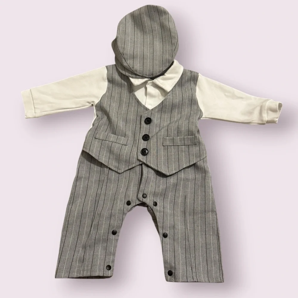Baby Boy Pinstripe Romper Set Newsboy Hat Formal Outfit 3-6M - Picture 4 of 6